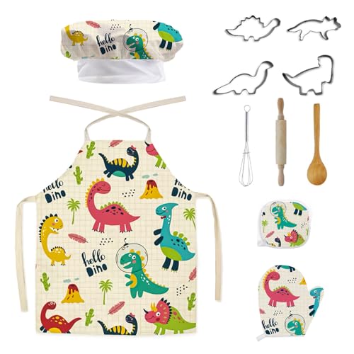 Wisebom Kinderschürze Kinder Backset, 11 Stück Dinosaurier Schürze Handschuhe Kochmütze Nudelholz Kinder Kochset, Rollenspiele Küchenspielzeug Geschenk für Mädchen Jungen (Weiß) von Wisebom