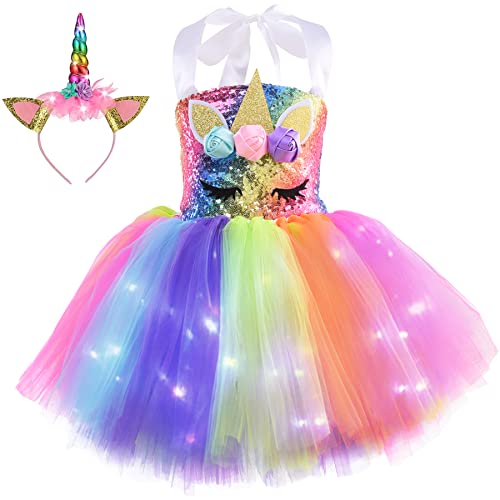 3-8 Jahre Geburtstag Mädchen Einhorn Kleid mit Stirnband, Pailletten beleuchtetes Tutu Einhorn Party Kostüm Tanzprinzessin Kleid (3-4T, Regenbogen) von Wish Care