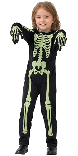 Wish Care Skelett-Kostüme für Kinder, leuchtet im Dunkeln, Halloween-Party, Outfit mit Handschuhen für Mädchen und Jungen von Wish Care