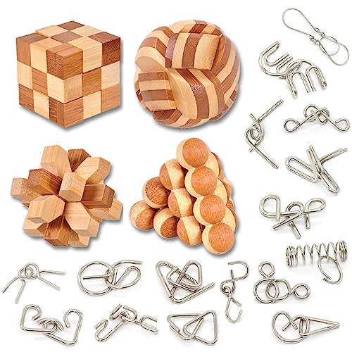 WishesMar 22 Stück Knobelspiele Holz Set Puzzle Metall Puzzle Geduldspiel Holzspielzeug Denkspiele Geschenk für Erwachsene und Kind - Logik Geist Spielzeug Größe 5.0 cm #3 von WishesMar