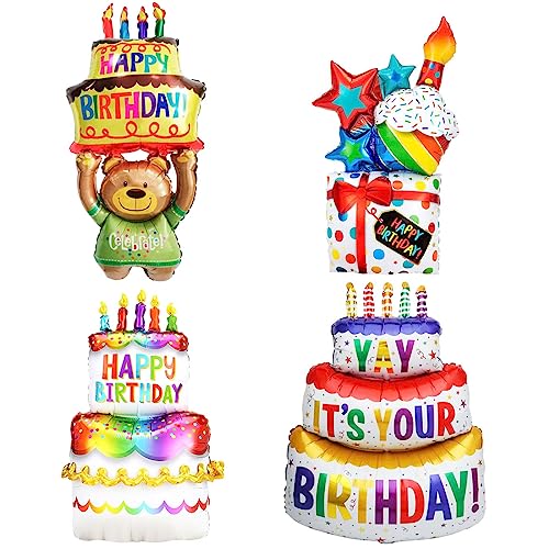 Folienballon Happy Birthday Torten XXL,Happy Birthday Deko Bär,Geschenk+Torte+Bären Geburtstagsluftballon, Aufblasbare Torte Helium Ballon,Kuchen Folienluftballon Party Dekoration-4 Stück von Wishstar