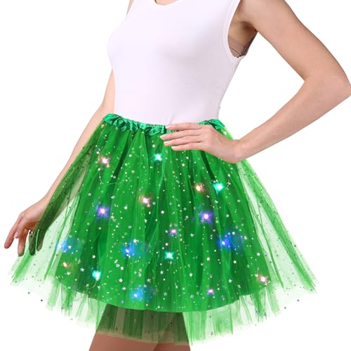 Grün Tüllrock Damen, 45cm Sterne Pailletten Tanzkleid, Dehnbaren Minirock Mit LED Lichter, Erwachsene Tütü Rock Ballettrock für Fasching Halloween Karneval Party, Ballett Tanzen Dress für Teenager von Wishstar