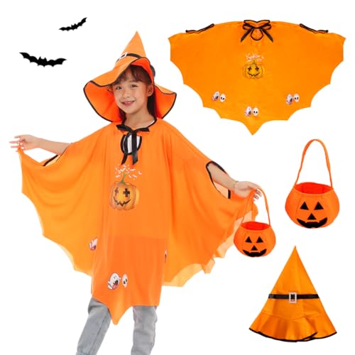 Halloween kostüm Kinder,Fledermaus Umhang Kostüm mädchen,Fasching kostüme hexenkostüm Kürbis，Umhang Orange mit Kapuze und Kürbis Candy Bag, für Halloween Cosplay Party ，Geeignet für Höhe 90-150cm von Wishstar