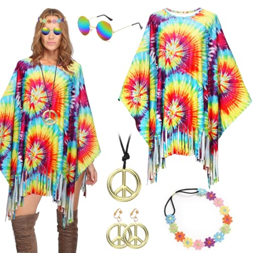 Hippie Kostüm Damen Set,5 Stück 60er 70er Hippie Kostüm damen,Hippie poncho mit Hippie Brille、Ohrringe、Halsketten、Blumen Stirnbänder,Faschingskostüme hippie damen,Karneval, Disco, Hippie Party von Wishstar