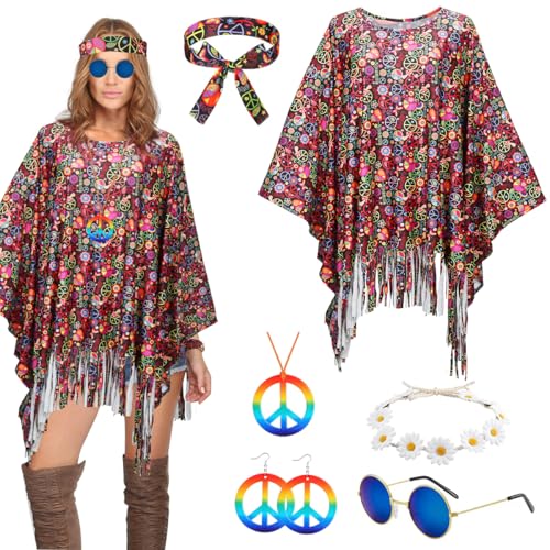 Hippie Kostüm Damen Set,6 Stück 60er 70er Hippie Kostüm damen,Hippie poncho mit Hippie Brille、Ohrringe、Halsketten、Stirnbänder,Faschingskostüme hippie damen,Karneval, Disco, Hippie Party Kostüme von Wishstar