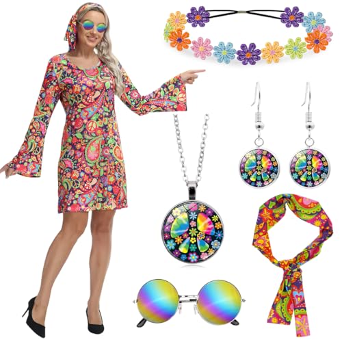 Hippie Kostüm Damen Set,60er 70er Jahre Hippie Kostüm damen,Hippie Kleid mit Hippie Brille、Ohrringe、Halsketten、Blumen Stirnbänder,Faschingskostüme hippie damen,Karneval, Disco, Hippie Party（L)-45 von Wishstar