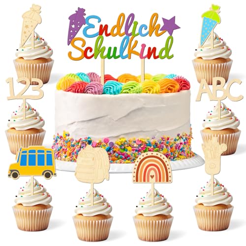 Kuchen Topper Einschulung, Kuchen Deko Schulanfang, Holz Schuleinführung Tortendeko, Cake Topper Schulkind, Zuckertüte ABC 123, Endlich Schulkind Schultag Party Deko für Junge Mädchen von Wishstar