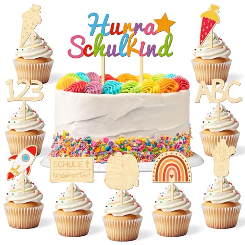 Tortendeko Einschulung, Cake Topper Schulanfang, Holz Schuleinführung Tortendeko, Hurra Schulkind Kuchen Deko, Zuckertüte ABC 123, Schultag Party Deko für Junge Mädchen von Wishstar