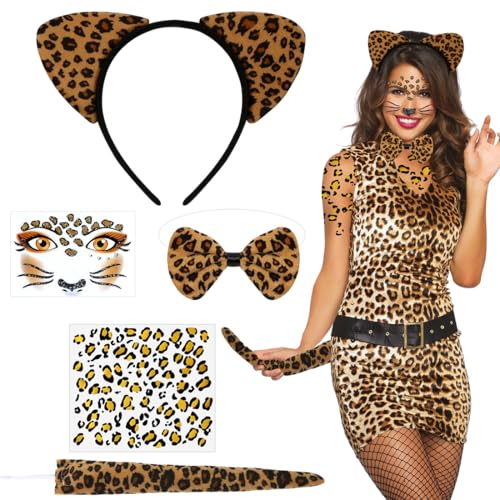 Leoparden Kostüm Damen,5 Stück Leoparden kostüm Set mit Leopardenohren Haarreif Schwanz Fliege Leoparden Glitzer Tattoo Gesicht Aufkleber,Leoparden set Faschingskostüm damen Cosplay Karneval Party-15 von Wishstar