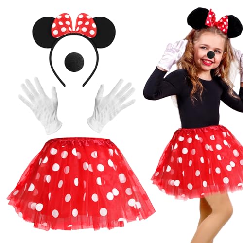 Mädchen Maus Mouse Kostüm, Maus Ohren mit Rot Schleife, Ballettkeider + Haarreifen + Handschuhe + Nase, Rot Tutu mit Weiß Gepunktet, Kinder Tüll Kleid für Karneval Cosplay Fasching Halloween Party von Wishstar