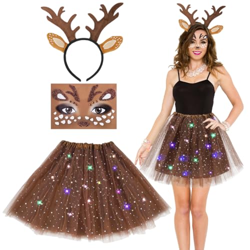 Rentier Kostüm Damen, Cosplay Kostüm Set für Halloween Fasching, Rentier Haarreif LED tüllrock, Tattoo Aufkleber Gesichtsaufkleber, Braun Tüllrock Damen, Tierkostüm Erwachsene, Faschingskostüme Damen von Wishstar