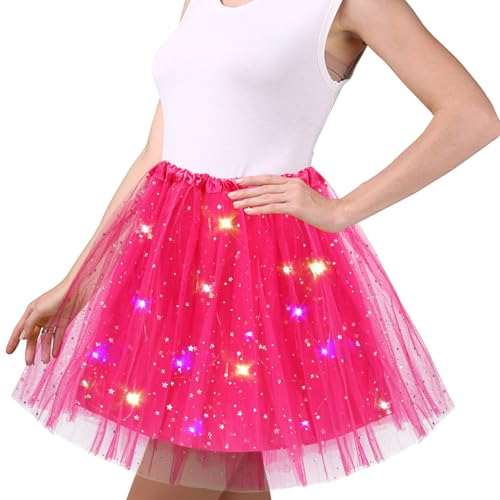 Rosarot Tüllrock Damen, 45cm Sterne Pailletten Tanzkleid, Dehnbaren Minirock Mit LED Lichter, Erwachsene Tütü Rock Ballettrock für Fasching Halloween Karneval Party, Ballett Tanzen Dress Teenager von Wishstar