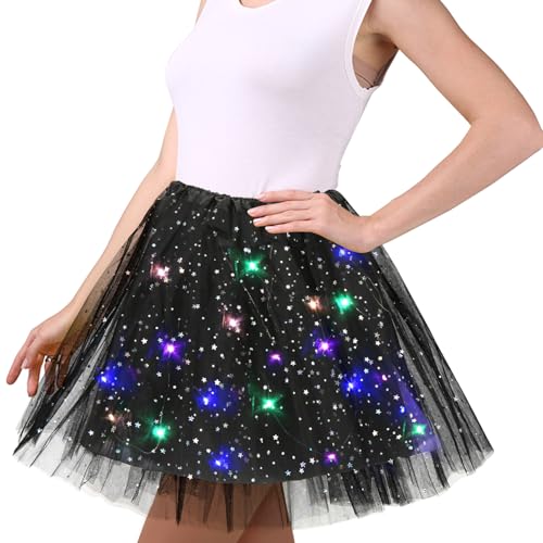 Schwarz Tüllrock Damen, 45cm Sterne Pailletten Tanzkleid, Dehnbaren Minirock Mit LED Lichter, Erwachsene Tütü Rock Ballettrock für Fasching Halloween Karneval Party, Ballett Tanzen Dress für Teenager von Wishstar