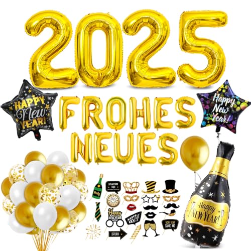 Silvester Deko 2025 XXL，49 Stück Silvester Party Dekoration Set，“FROHES NEUES” Ballons，Silvester Folienballons, Fotorequisiten,Konfetti Ballons，Silvester deko Party von Wishstar