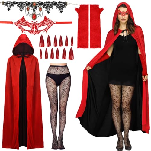 Teufel Kostüm Damen, Vampir Kostüm Frauen, 130cm Vampire Umhang Set, Kapuzenumhang Schwarz Rot Doppelseitig, Halloween Karneval Fasching Costume Women für Mittelalter Kostüm Party Themenpartys von Wishstar