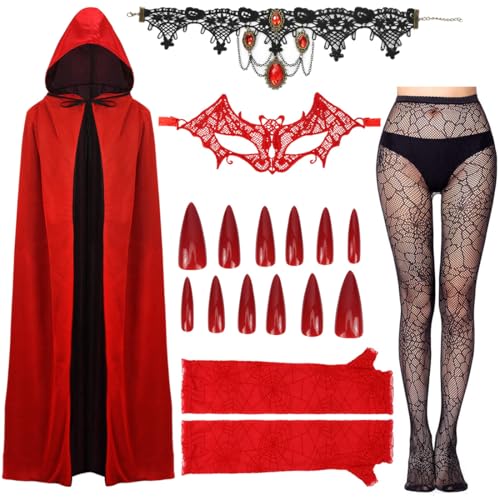 Teufel Kostüm Damen, Vampir Kostüm Frauen, 130cm Vampire Umhang Set, Kapuzenumhang Schwarz Rot Doppelseitig, Halloween Karneval Fasching Costume Women für Mittelalter Kostüm Party Themenpartys von Wishstar