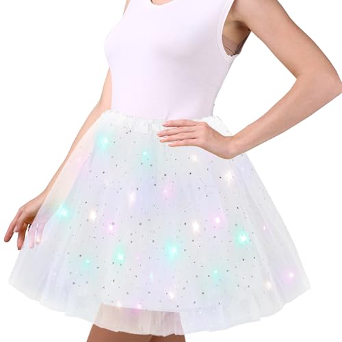 Weiß Tüllrock Damen, 45cm Sterne Pailletten Tanzkleid, Dehnbaren Minirock Mit LED Lichter, Erwachsene Tütü Rock Ballettrock für Fasching Halloween Karneval Party, Ballett Tanzen Dress für Teenager von Wishstar