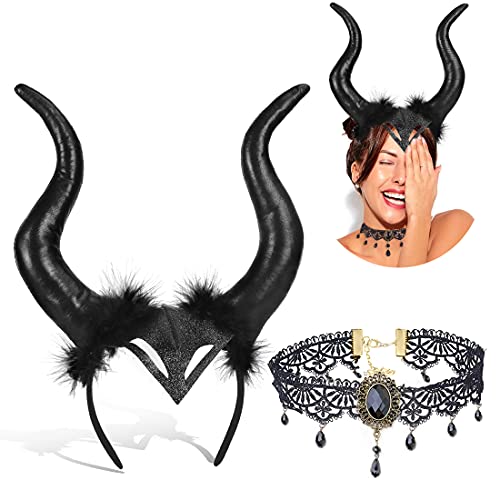 Wishstar 2 pcs Halloween Königin Hörner Kopfbedeckung，hörner Kopfschmuck Gothic Spitze Halskette Schwarz Set，teufelshörner schwarz Cosplay，Haarschmuck für Karneval Cosplay Maskerade Halloween hexen von Wishstar