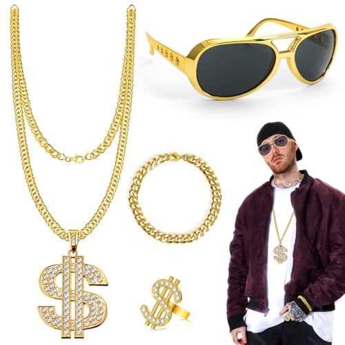 Wishstar 4 Stück Zuhälter Kostüm Set, Gangster Gang Dollar Kette, Retro Sonnenbrille Goldene, 70er 80er 90er Hustler Hip Hop Rapper Kostüm Accessories, goldkette für Fasching Karneval Thema Party von Wishstar