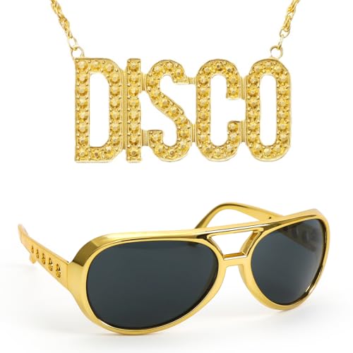 Wishstar 70er 80er 90er Kette Brille Set, Disco Kette Gold, Retro Sonnenbrille Goldene, Hustler Rapper Hiphop Kostüm, Disco Goldkette Accessoires für Cosplay Halloween Fasching Karneval von Wishstar