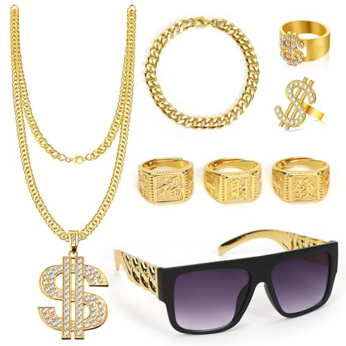 Wishstar 8 Stück Zuhälter Kostüm Set, Gangster Gang Dollar Kette, Retro Sonnenbrille, 70er 80er 90er Hip Hop Rapper Kostüm Accessories, Hanzi-Ringe Dollar Kette Ring für Fasching Karneval Thema Party von Wishstar