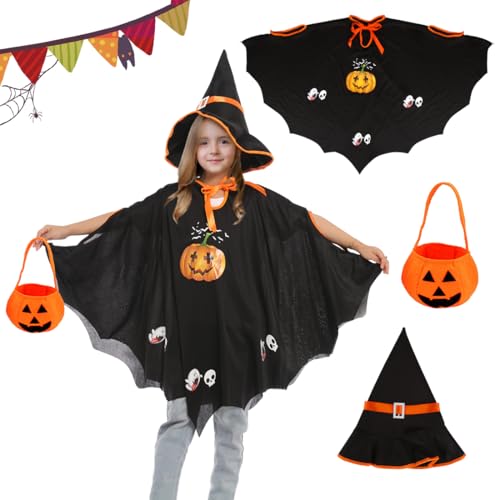 Wishstar Halloween Fledermaus kostüm Kinder,Fledermaus Umhang Kostüm mädchen,Hexenkostüm Kürbis，Umhang Schwarz mit Kapuze und Kürbis Candy Bag，für Halloween Cosplay Party ，Geeignet für Höhe 90-150cm von Wishstar