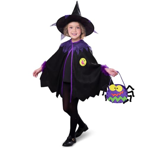 Wishstar Halloween Hexenkostüm Kinder Mädchen,Halloween Umhang Kinder,Hexenumhang mit hexenhut und Halloween tüte，Hexen Kostüm Kinder für Halloween Karneval Cosplay Party，Geeignet für Höhe 110-140cm von Wishstar