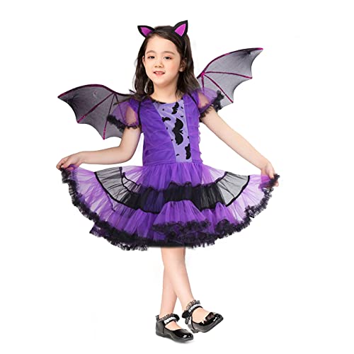 Wishstar Halloween Kostüm Kinder，Fledermaus Kostüm für Mädchen，Karneval Kostüm Mädchen，Lila Fledermausrock mit Flügel und Stirnband für Halloween Karnevals Cosplay Party，Geeignet für Höhe 106-115cm von Wishstar