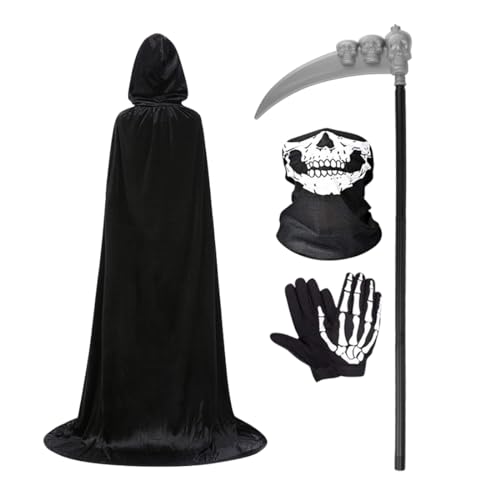 Wishstar Halloween Kostüm Sensemann, Umhang mit Kapuze 150 cm, Halloween Costume Schwarz, Halloween Kostüme Cape mit Sense Skeletthandschuhe Maske für Unisex Halloween Party Rollenspiel von Wishstar