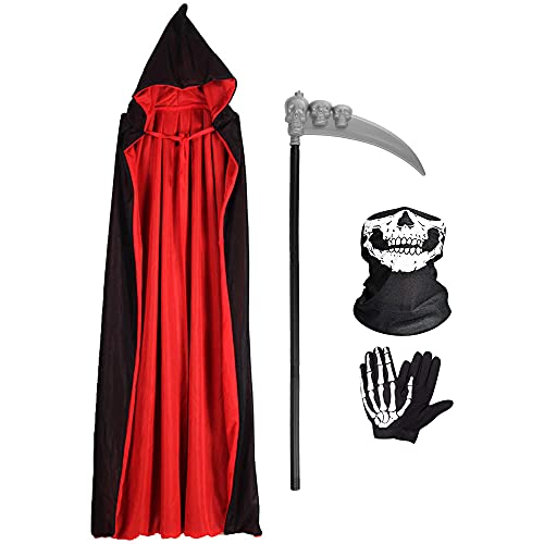 Wishstar Halloween Kostüm Vampir, Umhang mit Kapuze, Schwarz Rot Halloween Costume, Halloween Kostüme Cape mit Sense Skeletthandschuhe Maske für Unisex Halloween Party Rollenspiel von Wishstar