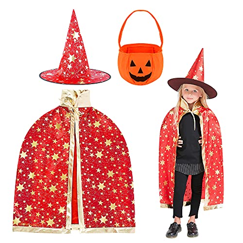 Wishstar Halloween kostüm Kinder, Hexe Zauberer Umhang mit Hut, Fasching Kostüme Hexenkostüm, zauberumhang Kinder Rot mit Hut、Kürbis Candy Bag, für Halloween Cosplay Party von Wishstar