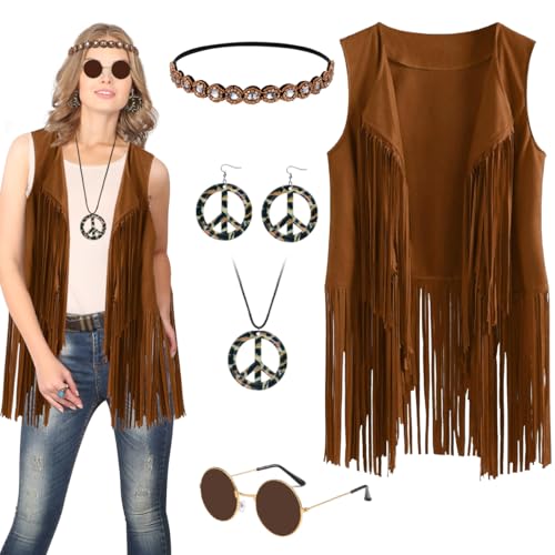 Wishstar Hippie Kostüm Damen Set,60er 70er Jahre kostüm damen,Braun hippie weste mit Hippie Brille，Ohrringe,Halsketten,Stirnbänder,Faschingskostüme hippie damen,Karneval, Disco, Hippie Party Kostüme von Wishstar