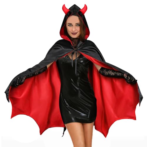 Wishstar Horror Teufel Kostüm Damen, Teufelsmantel Damen Halloween, Rot Teufel Umhang mit Teufelshörnern verziert, Kostüm Teufel mit Teufelswinkel von Wishstar