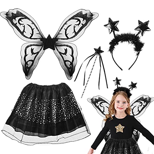 Wishstar Karneval Kostüm Kinder，Karneval kostüm Mädchen, 4PCS Feen kostüm Kinder, Schwarze flügel kinder ，Schwarze Tüllrock， Feenflügel Kinder, Flügel Schmetterling, Zauberstab und Kopfschmuck von Wishstar