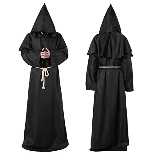 Wishstar Mönch Robe, L Mittelalterliche Renaissance Robe, Kostüm Mönch mit Kapuze und Kordel, Schwarz Männer Prister Gewand Kostüm mit Kreuz für Mottoparty Halloween Cosplay Karneval und Fasching von Wishstar