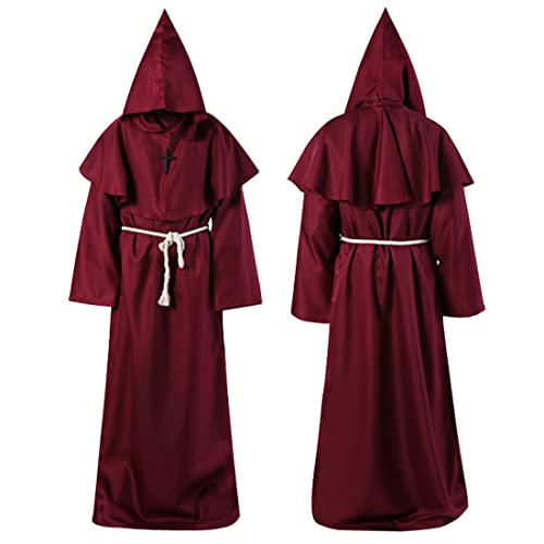 Wishstar Mönch Robe, XL Mittelalterliche Renaissance Robe, Kostüm Mönch mit Kapuze und Kordel, Burgund Männer Prister Gewand Kostüm mit Kreuz für Mottoparty Halloween Cosplay Karneval und Fasching von Wishstar