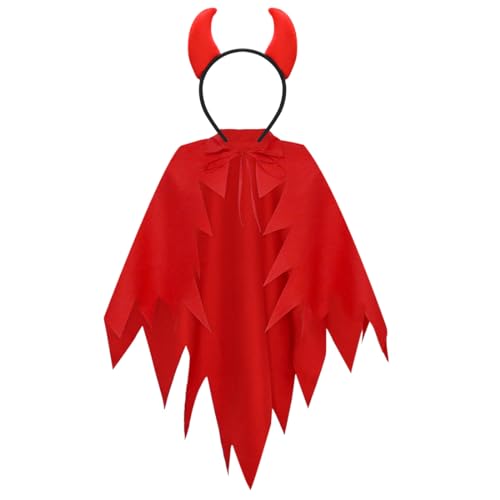 Wishstar Teufel Kostüm Damen，Halloween kostüm Damen，Teufel Umhang Teufelshörner Haarreif,Rot Teufel Kostüm，Halloween Karneval Cosplay Kostüm für Damen von Wishstar