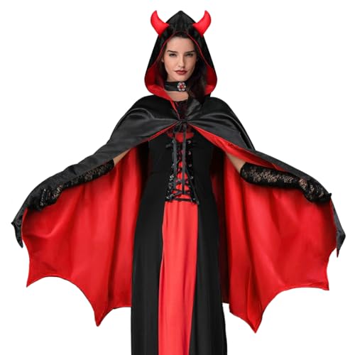 Wishstar Teufelsmantel Damen Fasching, Teufel Kostüm Damen, Rot Teufel Umhang mit Teufelshörnern verziert, Kostüm Teufel mit Teufelswinkel, Faschingskostüme Damen Teufel von Wishstar