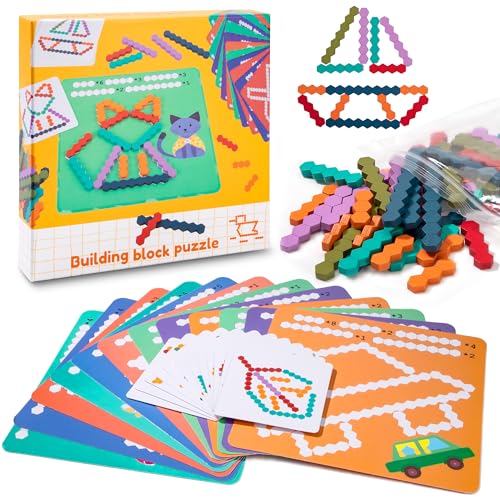 Geometrische Formen Tangrams Holz Puzzle Spielzeug, Hexagon Holzmuster Blöcke Bunte Hölzerne, Intelligenz Puzzle mit Design Karten, Lustiges Montessori Lernspielzeug Geschenke für Kinder Vorschule von Wisplye