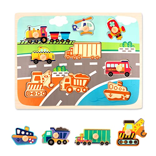 Holzpuzzle ab 1 2 3 Jahr Kinder Steckpuzzle Montessori Holz Steckspiel, Greifpuzzle Holzspielzeug, Auto Puzzle Lernspielzeug für Baby Junge Mädchen Geschenk von Wisplye