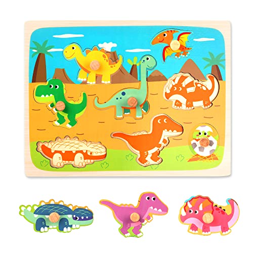 Holzpuzzle ab 1 2 3 Jahr Kinder Steckpuzzle Montessori Holz Steckspiel, Greifpuzzle Holzspielzeug, Dinosaurier Puzzle Lernspielzeug für Baby Junge Mädchen Geschenk von Wisplye