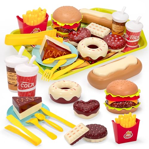 Kinderküche Spielküche Zubehör für Kinder, Küchen Spielzeug Fastfood Set Lebensmittel Rollenspiele, Hamburger Hotdog Fries Torten Desserts, Geschenk für Jungen und Mädchen ab 3 Jahre von Wisplye