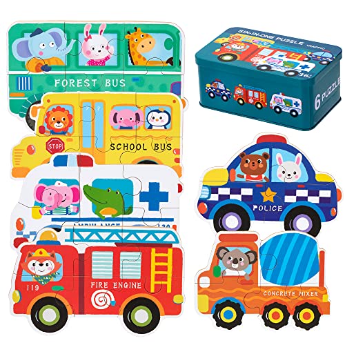 Kinderpuzzle 6 Bilds Auto Puzzle für Kinder, Montessori Holzpuzzle Spielzeug Puzzle Formpuzzles Frühes Lernspielzeug Geschenk für Jungen Mädchen ab 3 4 5 Jahren (6 Pack Fahrzeug) von Wisplye