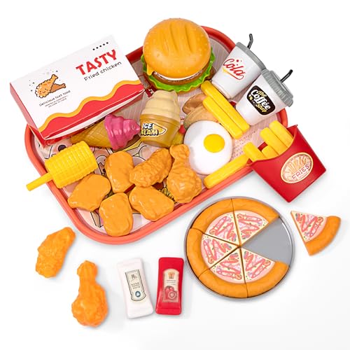 Küchenspielzeug Lebensmittel Spielzeug Set, Kinderküche Kinder Spielküche Zubehör, Hamburger Fastfood mit Tray Brathähnchen Pizza Fries, Lernspiele Rollenspiele Geschenke für Jungen Mädchen von Wisplye