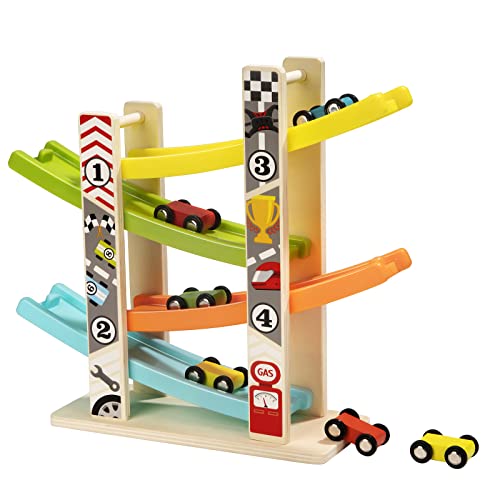 Auto Rennbahn Kinder Holz, Holzrampe Racer mit 6 Mini Autos, Rennwagenbahn Autostrecke Fahrzeuge Spielsets Lernspielzeug Geschenke für Kinder Jungen Mädchen ab 3+ Jahren von Wisplye