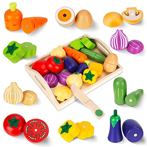Lebensmittel Spielzeug Schneideset Obst Gemüse Spielzeug, Küchenspielzeug für Kinder aus Holz, Kinderküche Essen Zubehör Rollenspiele Pädagogisches Spielzeug Geschenk für Jungen und Mädchen von Wisplye
