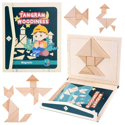 Magnetischer Tangram aus Holz, Puzzle-Spiel, Reisespiel Form Blöcke Geometrisch Manipulative Puzzle Jigsaw Dissektion für Kind, IQ Book Pädagogisches Spielzeug Rätselgeschenk von Wisplye