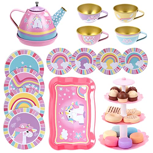 Teeservice Kinder Metall Tee Einhorn Spielzeug Dessert, Teeparty Rollenspiel Spielgeschirr, Kaffeeservice Toy mit Tragekoffer für Kleine Mädchen 3 4 5 6 7 Jahren Geburtstag Geschenk von Wisplye