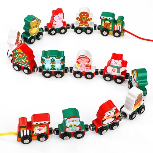 Wisplye Zug Holzeisenbahn Set Magnetisch (14-Teilig) Weihnachten Zug Deko Mini Holz-Eisenbahn Kinderspielzeug Holzeisenbahn Jungen & Mädchen ab 3 von Wisplye