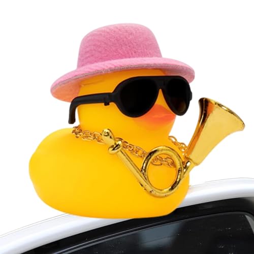 Ente für Auto - Quietschende Gummienten Auto Ornamente - Niedliche Auto Armaturenbrett mit Musikinstrument Halskette Sonnenbrille Hut Auto Zubehör von Wisylizv